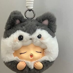 Gray and White Plush keychain